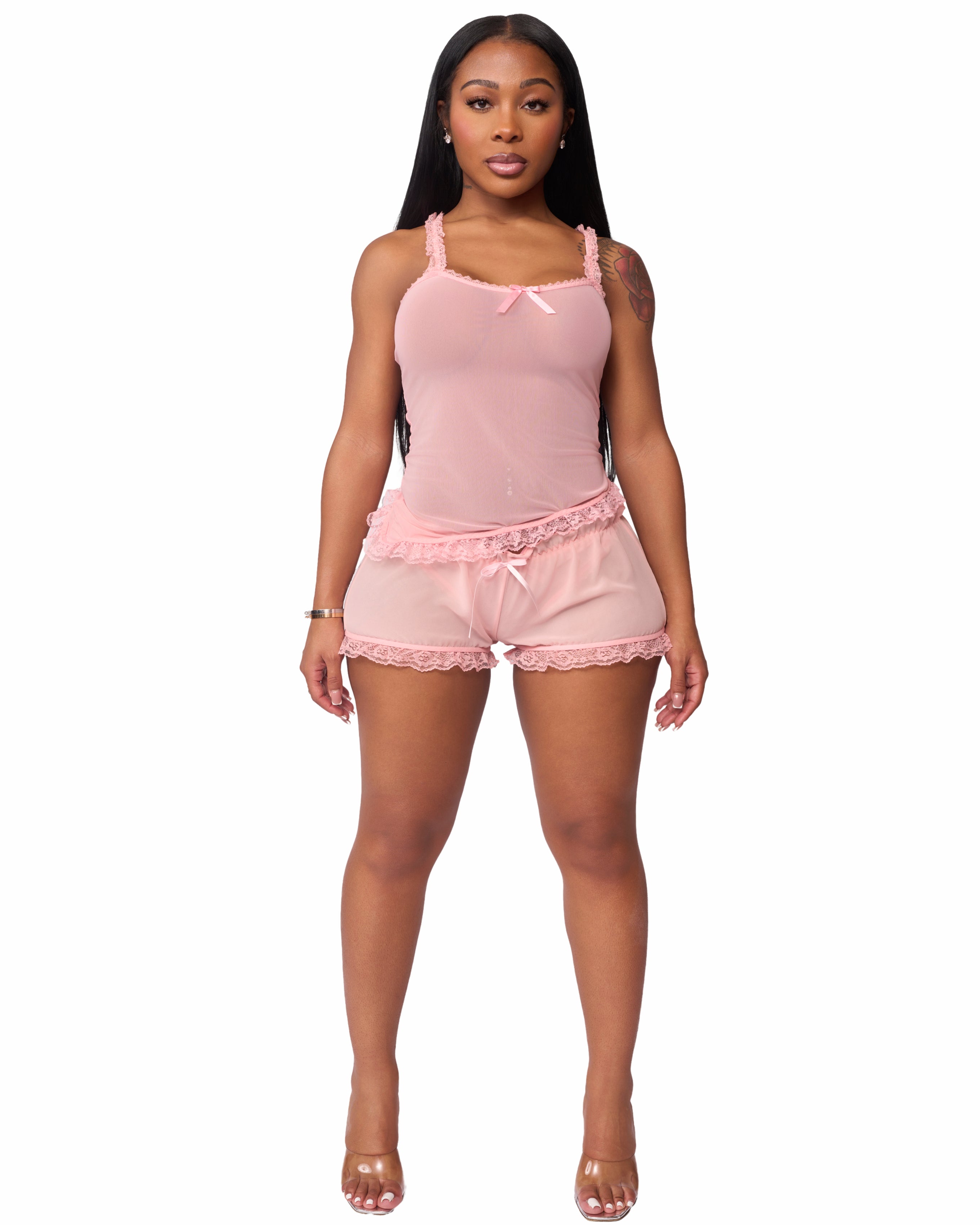 LOVE ME NOT SCALLOPED MESH SHORTS (BABY PINK)